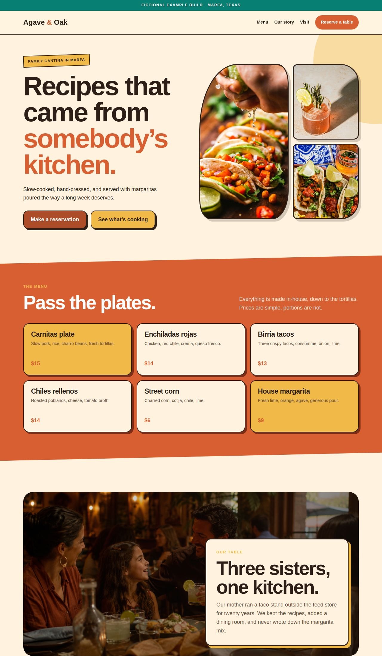 Agave and Oak cantina website preview